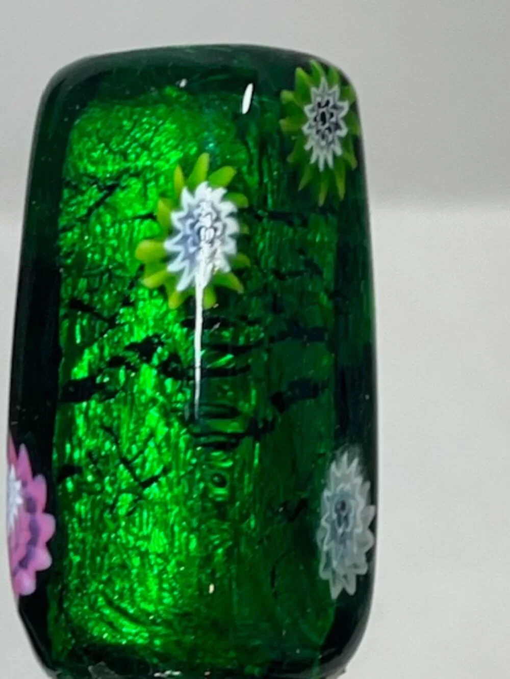 VTG Handmade Murano style Wine Bottle Stopper Green Glass Floral Metal End 4